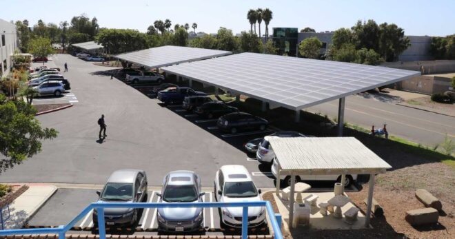 Solar panels in a parking lot.