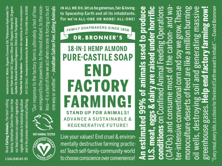 A soap label boldly displaying the words "End Factory Farming!".