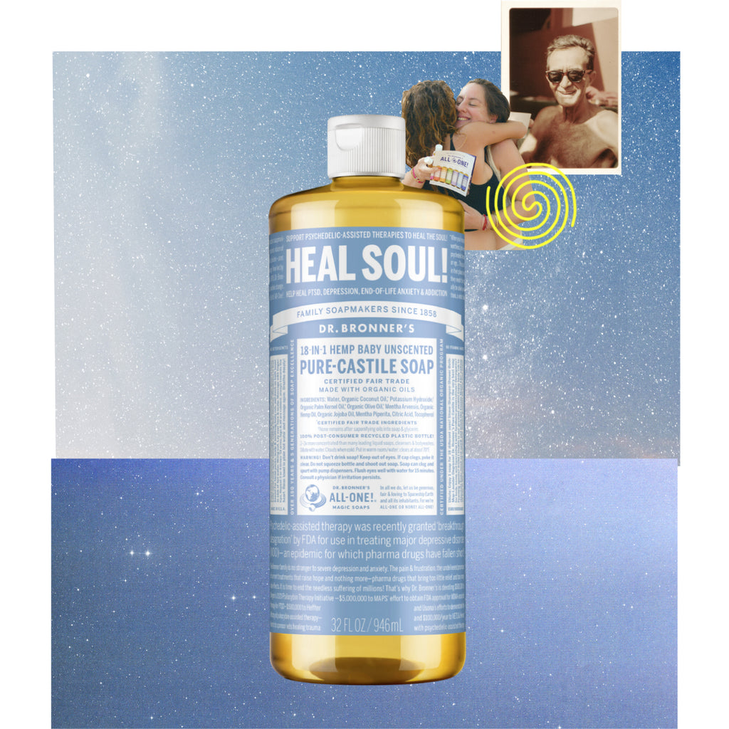 A graphic featuring Heal Soul! Hemp Baby Unscented pure-castile soap.