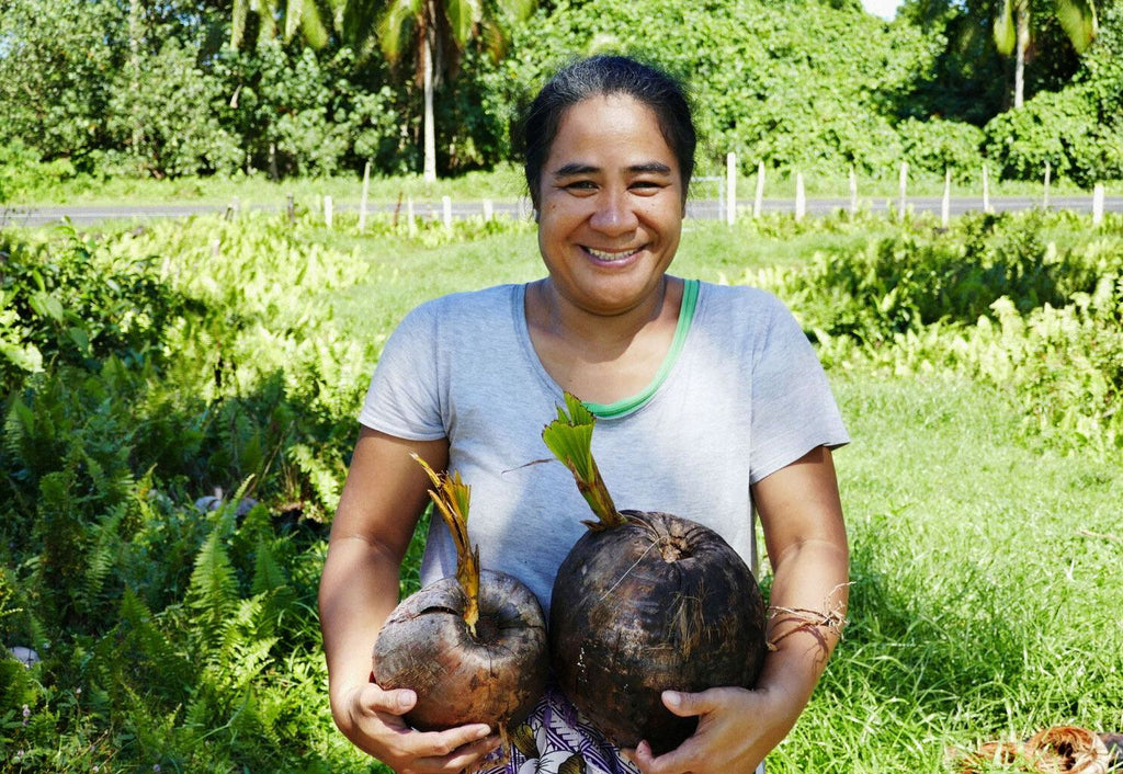A farmer smiling as they hold coconuts. 