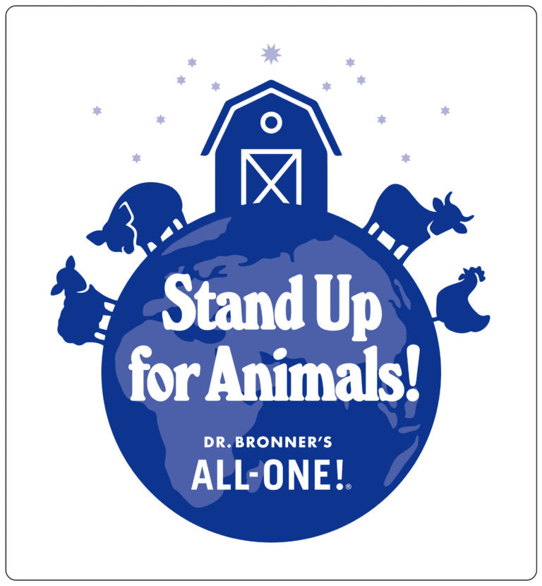Stand Up For Animals! illustrated graphic featuring farm animals on an Earth graphic.